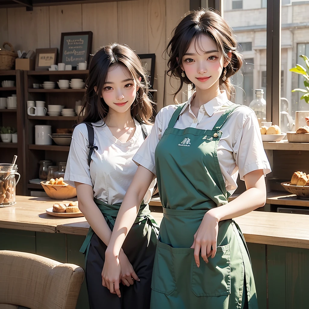 Only one female, /(staff uniform/) /(Dark green apron/), /(Brown Hair/) bangs, A gentle blushing smile, (Masterpiece Top quality:1.2) Delicate illustrations, super detailed, Big Breasts /(Cafe Shop/)