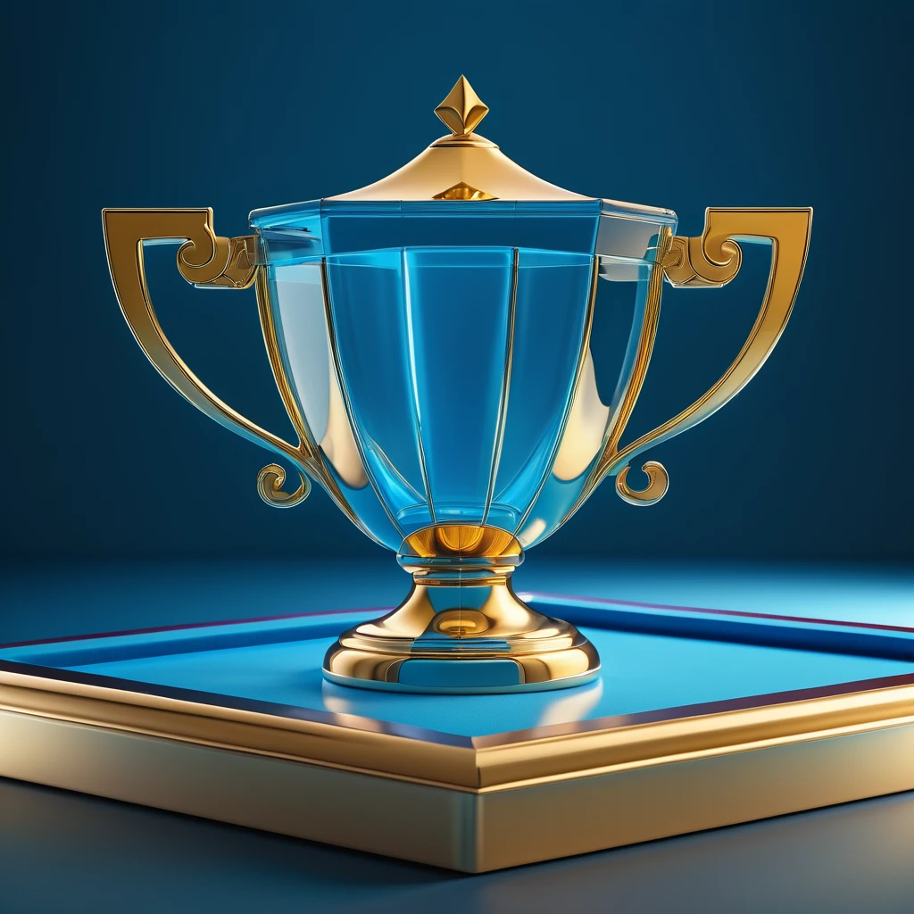 The golden trophy on the blue billiard table, 3D icon, Glass texture, no humans, blue background, simple background, still life, shadow, playgame, three sided view, 8k, super detail, best quality, retina, accurate