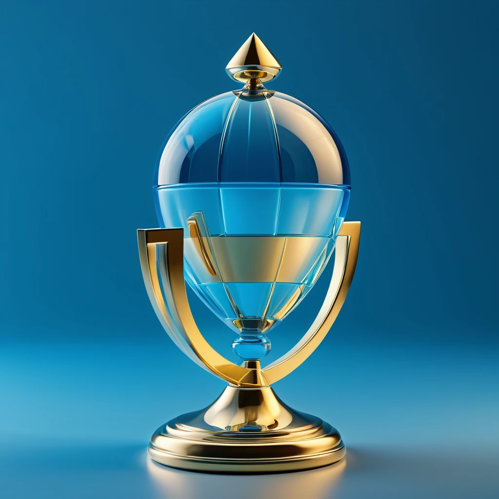 The golden trophy on the blue billiard table, 3D icon, Glass texture, no humans, blue background, simple background, still life, shadow, playgame, three sided view, 8k, super detail, best quality, retina, accurate
