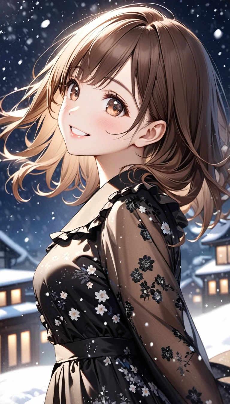 Ultra-realism、Cute 25 year old Japanese、Brown Hair Color、Black floral print dress with frills、Looking up、Smile、The background is a snowy night