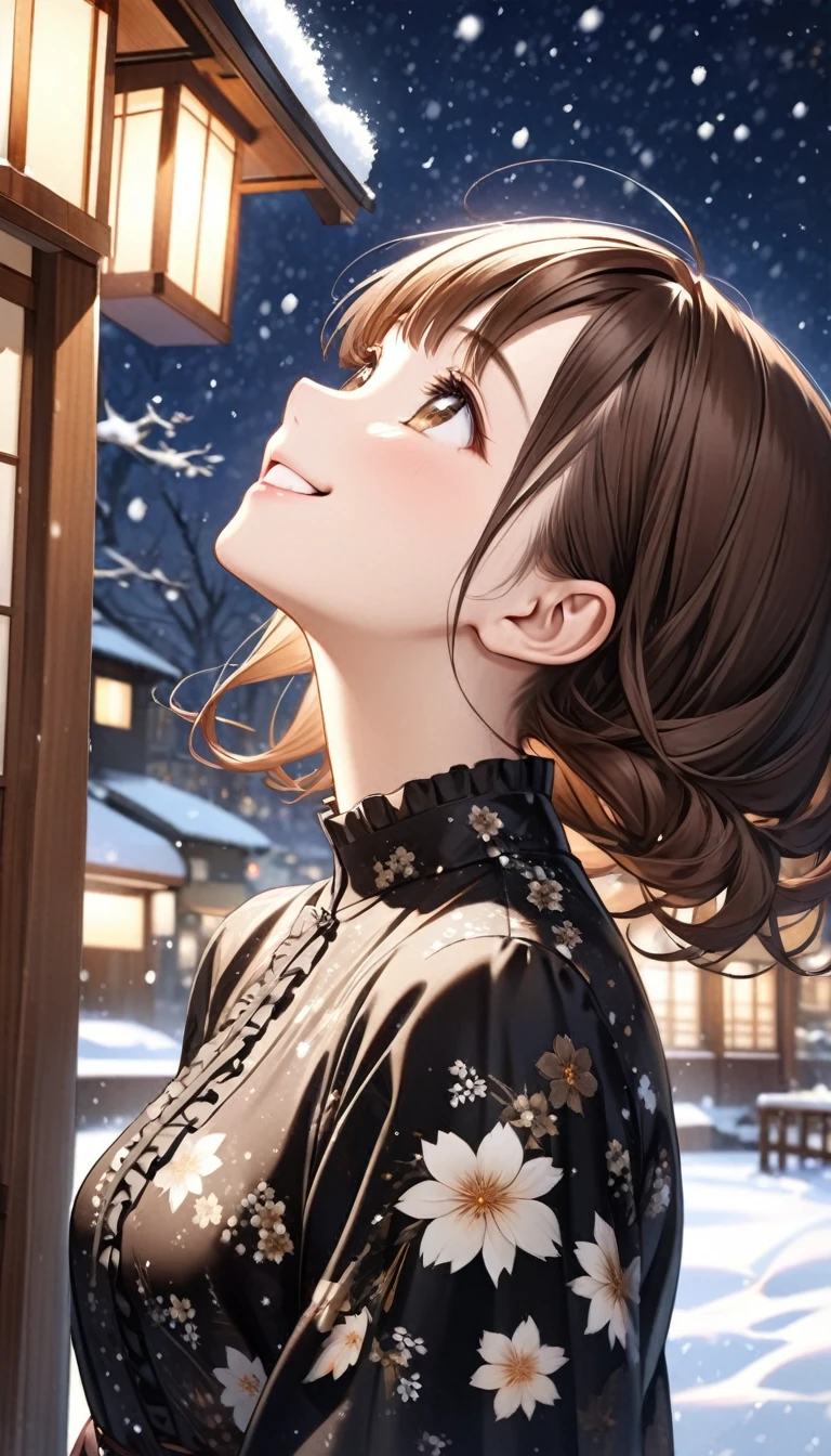 Ultra-realism、Cute 25 year old Japanese、Brown Hair Color、Black floral print dress with frills、Looking up、Smile、The background is a snowy night