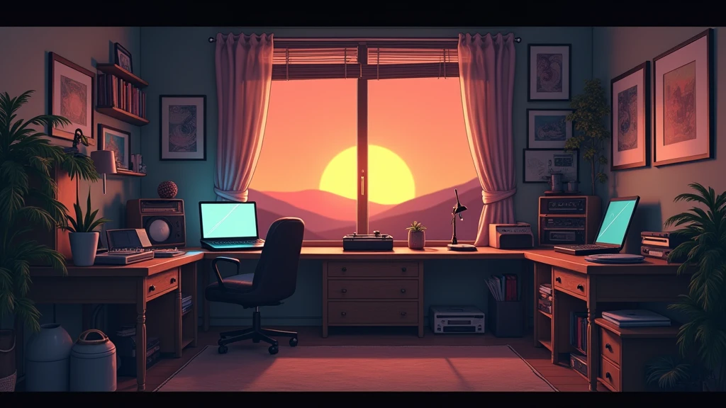 evening, 2D Style Anime, Lo-Fi, hard disk, Dark Environment、Laptops、unmanned、Private room、window、Bookshelf、Sunset、Record player、Ghibli style、Retro