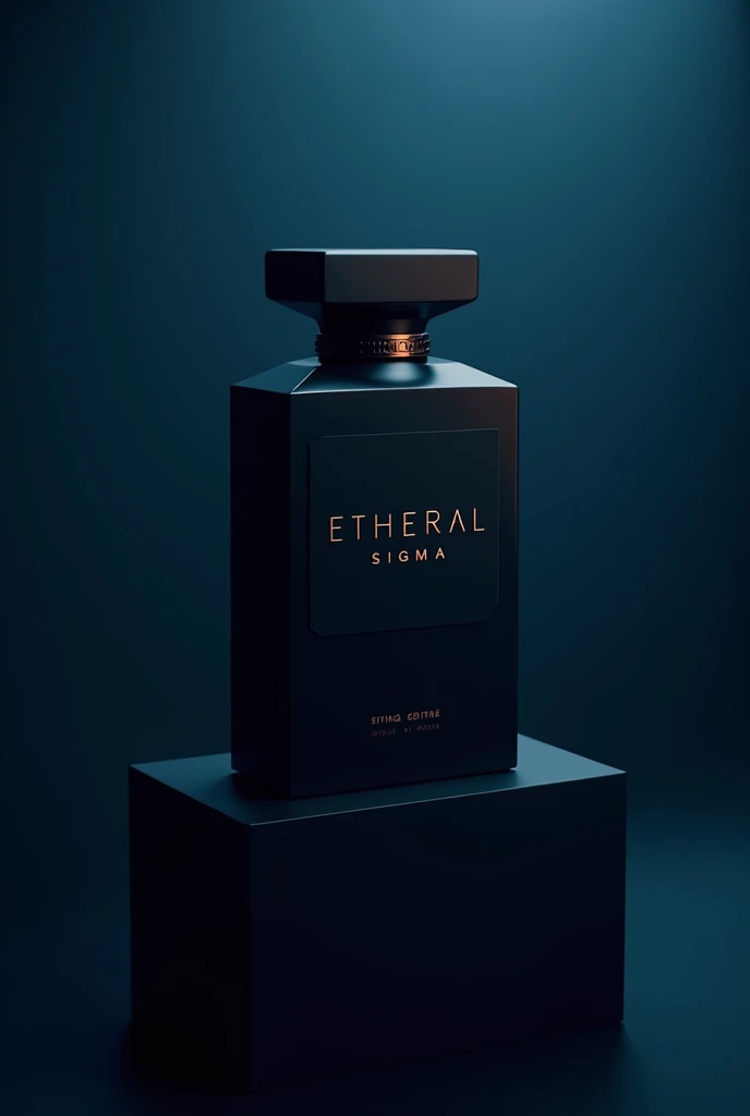 Make a cool graphic on a perfume box. Picture must be in sigma and attitude. Brand name is ethereal and perfume name is sigma.color must be black and dark blue gradient color

Make a perfume box 





