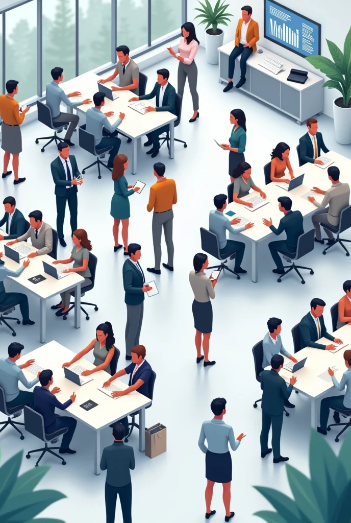 In the office，A lot of people are in meetings，flat design