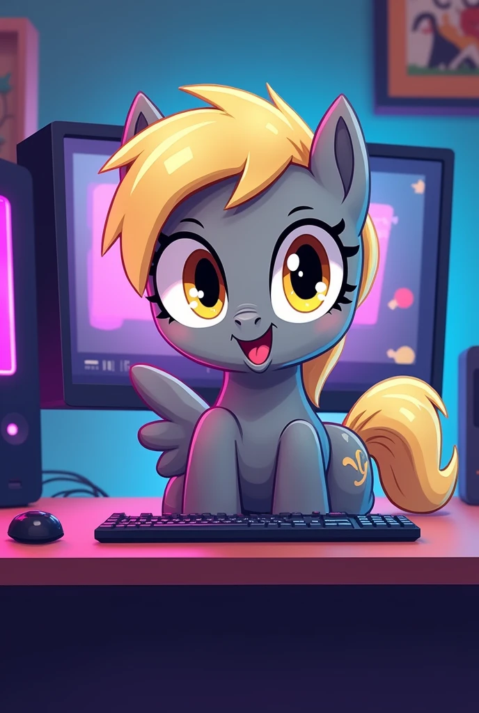 I want a picture of Derpy Hooves her skin color is gray, and her hair is golden, golden eyes and grey wings, I want it to be on a gamer PC looking at the camera and the monitor, this is a YouTube channel that says "doge the experimenter" RGB lights and Derpy is happy