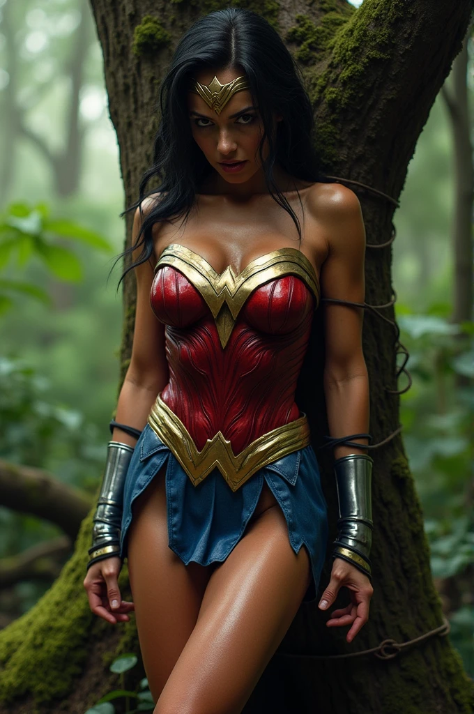 Adriana Lima under the mantle of the Amazon warrior Wonder Woman long black hair Dreadlocks Diaema Wonder Woman on her forehead red corset suit and light blue Legis red boots
