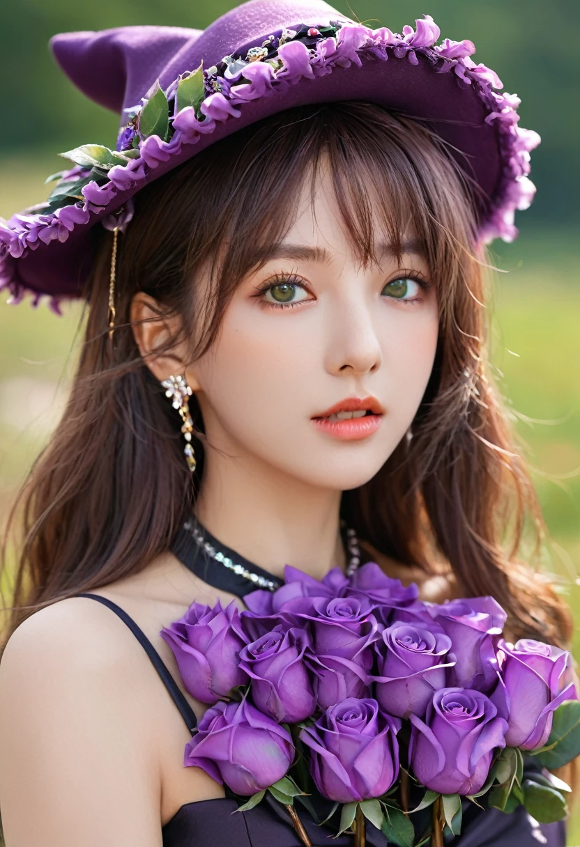 A beautiful girl, Perfect face, Keep your arms at your sides, masterpiece, Ultra-high resolution, high quality, 4K, Upper Body:1.5,  Lisa (Genshin Impact), urple witch hat, Green Eyes, Brown hair, (Pure face_v1:0.008), (European:1.6), Bangs, skirt, Rose, Jewelry, witch, shawl, Purple headdress, Black Gloves, Purple flowers, Hair between the eyes, purple Rose, Open your mouth, purple shawl, Hat Flower, multicolored skirt, Hair accessories,  windmill, from the side,