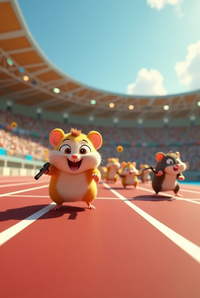 there are many hamsters that are swimming around a track, photo from the olympic games, the olympics footage, hamsters, summer olympics footage, olympics footage, 🌻🎹🎼, award winning cgi, 3 d animated movie, scene from live action movie, hamster, olympics, animated movie scene, hamsters holding rifles, still from a live action movie, animated movie shot