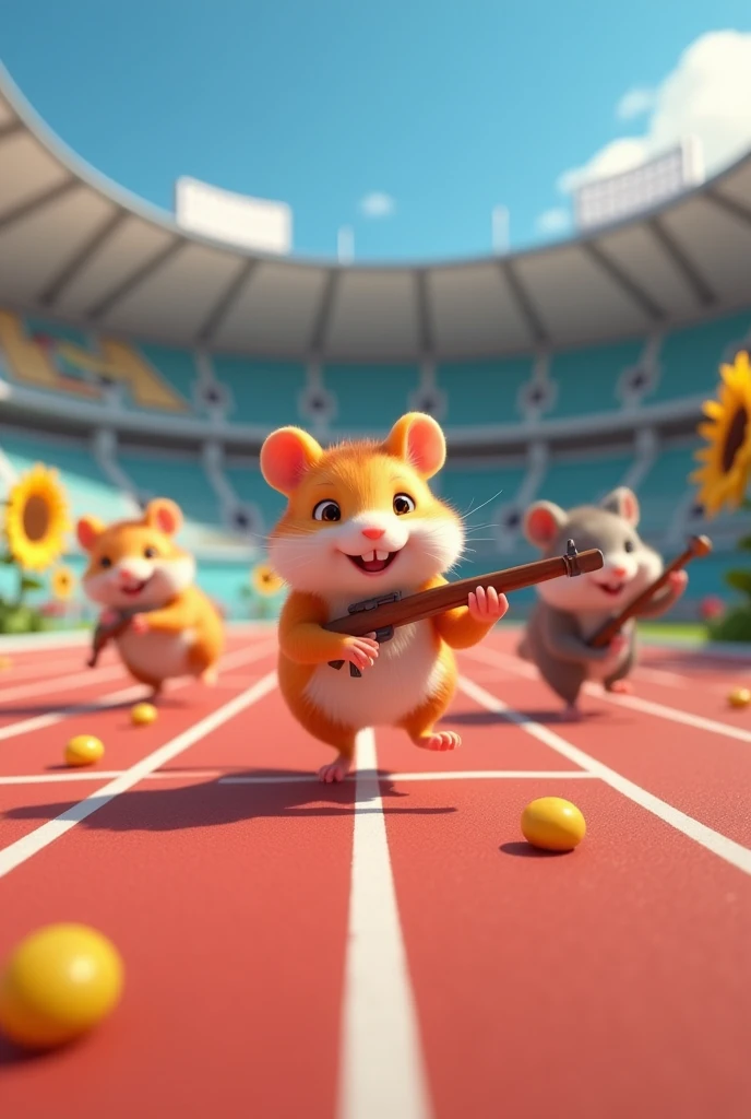 there are many hamsters that are swimming around a track, photo from the olympic games, the olympics footage, hamsters, summer olympics footage, olympics footage, 🌻🎹🎼, award winning cgi, 3 d animated movie, scene from live action movie, hamster, olympics, animated movie scene, hamsters holding rifles, still from a live action movie, animated movie shot