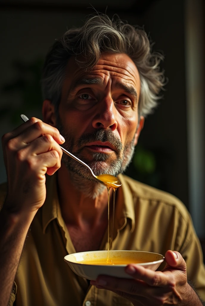 visual of a man overcoming restlessness or anxiety by drinking pure honey