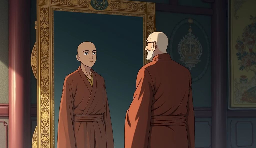 20 year old monk student looking at large mirror which is hanging inside room and reflection of student is can be seen at mirror moreover next to him his master monk is standing who looks fat but wisdom full , in anime style,