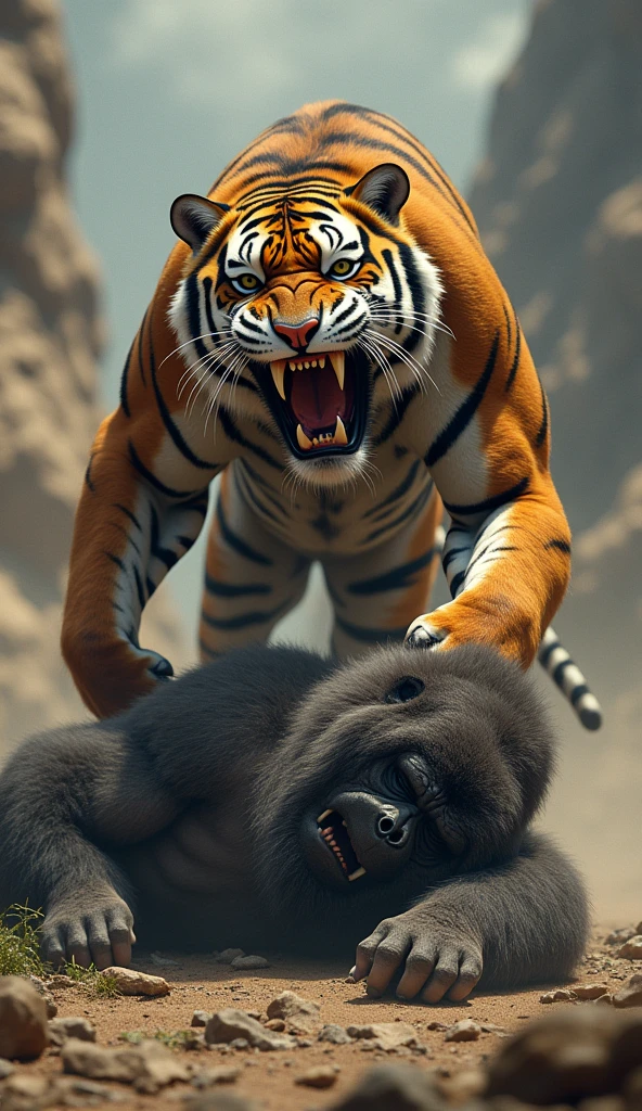  "A hyperrealistic image depicting a fierce battle between a saber-toothed tiger and a gorilla. The saber-toothed tiger is shown emerging victorious, with its powerful jaws and sharp teeth visible as it dominates the gorilla. The tiger has a muscular build, and its long, curved fangs are prominent. The gorilla is shown in a defeated position, lying on the ground, with its fur and muscles detailed. The background is rugged and wild, adding to the intensity of the scene".gorilla
 lying on the ground