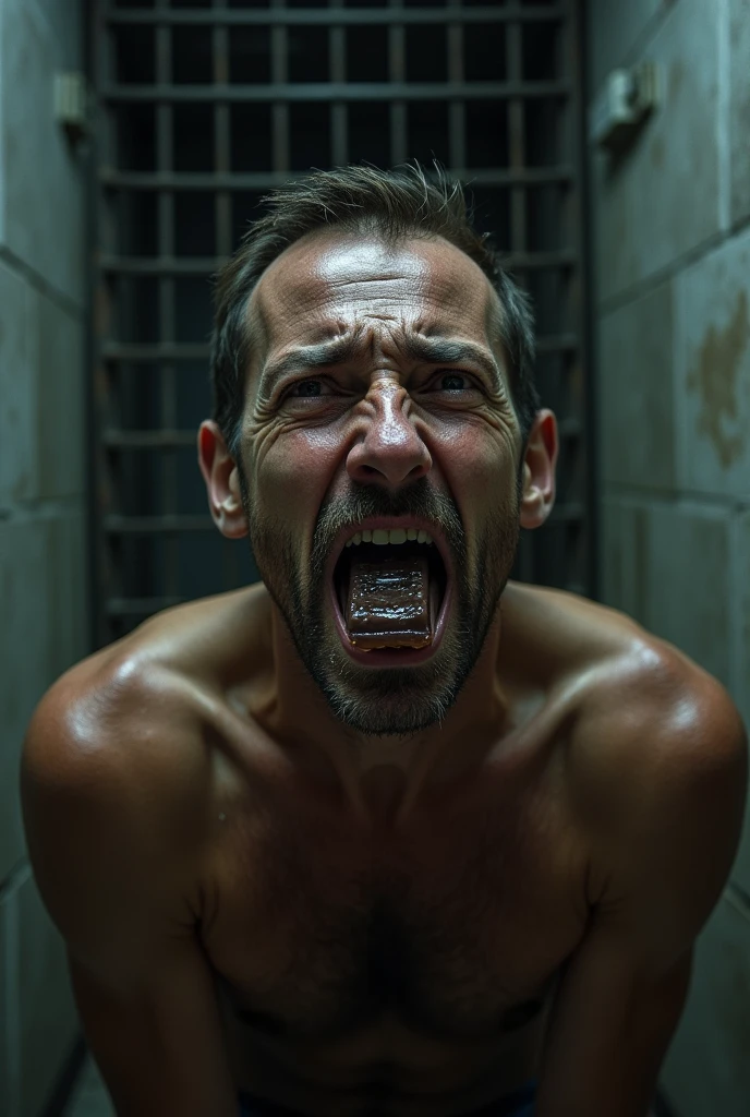 a man with a chocolate melt soap bar in his mouth, crying face expression, in a prison setting, highly detailed, cinematic lighting, dramatic composition, photorealistic, 8k, award winning photography, moody color palette, chiaroscuro lighting