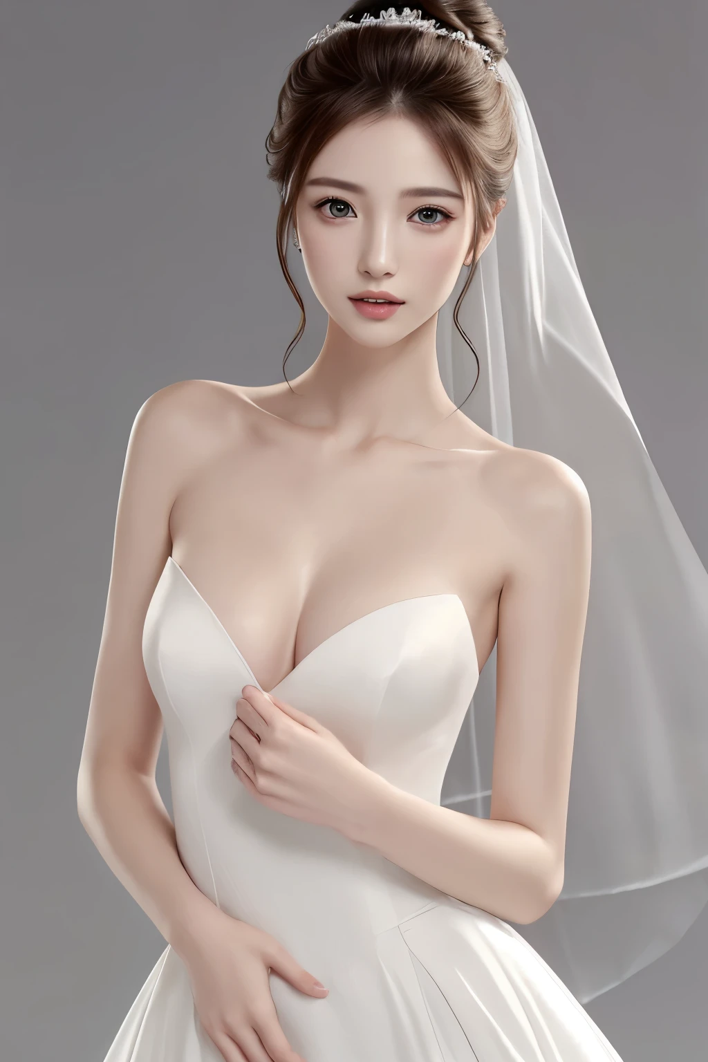 Fashion model, 25 years old, [chest], [head], [shoulder], Perfect Eyes, 完璧な青くShine虹彩, Perfect Lips, Perfect Teeth, Perfect Skin, Soft Front Light, Shine, High resolution, (Soft colors: 1.2), Highest quality, masterpiece, Beautiful Eyes,  Beautiful Face, Realistic, One beautiful woman, Sharp focus, chestの谷間, Slender body, Long, slender legs、Updo、Wedding dress