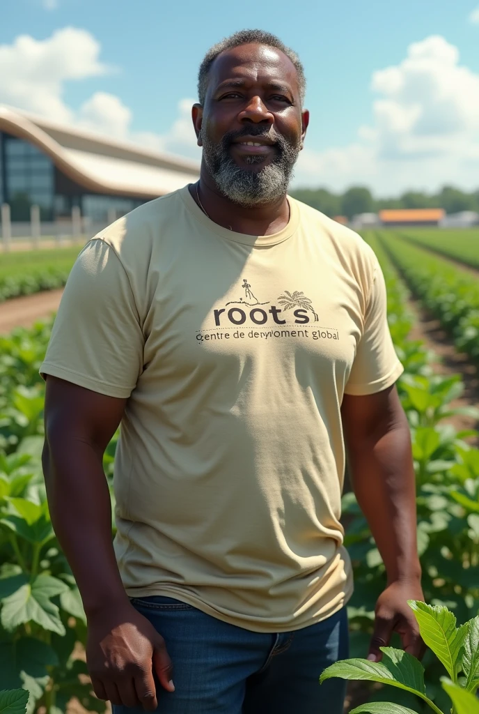 Un agriculteur noir avec un t-shirt avec mention Racines Centre de développement global