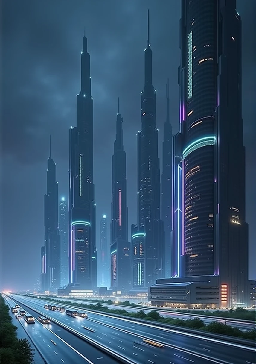 Unbelievably tall, ultra tall, multiple buildings, neon logo, neon lights, birdseye view ,art deco design，streamline moderne，futuristic architecture, Abstraction，modern style，Luxury and Luxury，dark night view，dark moodyatmosphere, Futuristic decorative elements，Metallic，number line，sci-fi lamp，Virtual Engine，Unreal rendering, greenery, highways, cars, utopia, utopian
