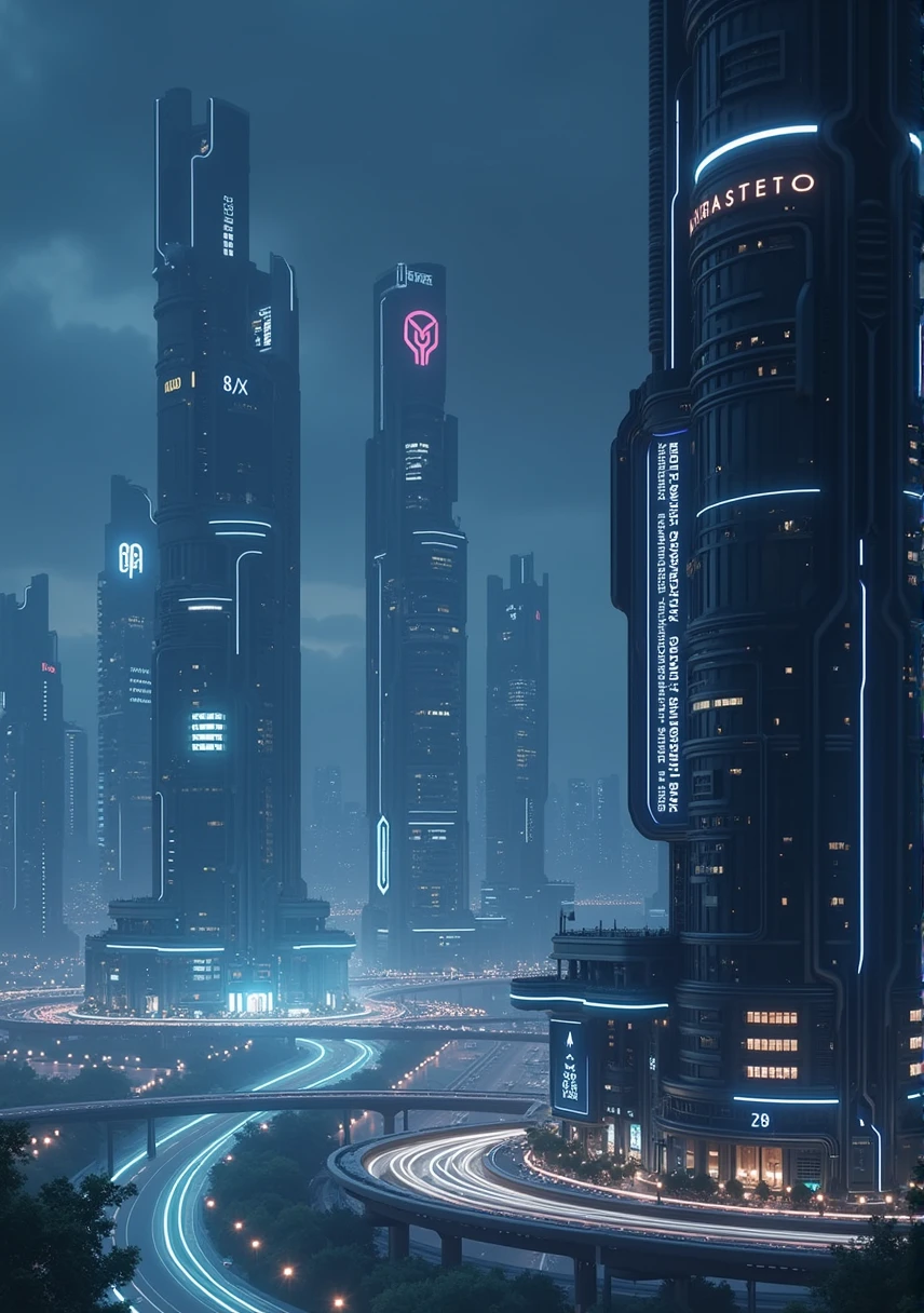 Unbelievably tall, ultra tall, multiple buildings, neon logo, neon lights, birdseye view ,art deco design,streamline moderne,futuristic architecture, Abstraction,modern style,Luxury and Luxury,dark night view,dark moodyatmosphere, Futuristic decorative elements,Metallic,number line,sci-fi lamp,Virtual Engine,Unreal rendering, greenery, highways, cars, utopia, utopian