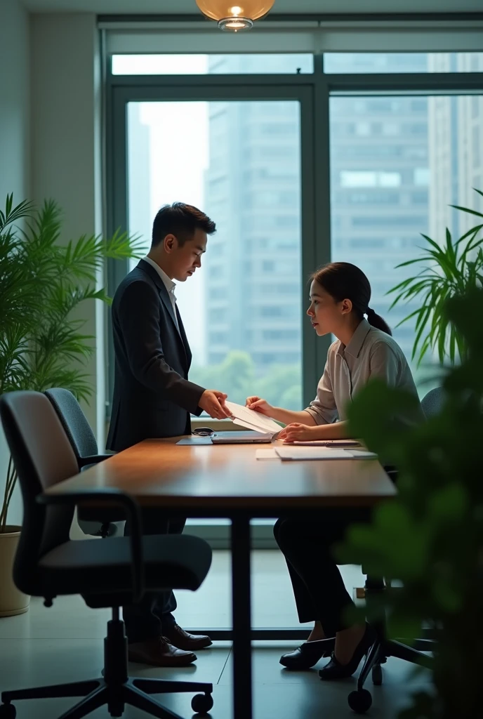 In a closed office, there are two people are discussing something against the content of an A4-sized document, two people's eyes are gathered on the A4-sized document, two people's mouths also issued other pronunciation, the surrounding environment has a desk and chairs, there are green plants, according to the content of the above to generate a realistic picture and the place where it happens is in China!