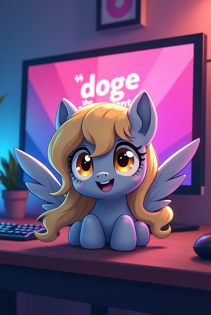 I want a picture of Derpy Hooves her skin color is gray, and her hair is golden, golden eyes and grey wings, I want it to be on a gamer PC looking at the camera and the monitor, this is a YouTube channel that says "doge the experimenter" RGB lights and Derpy is happy