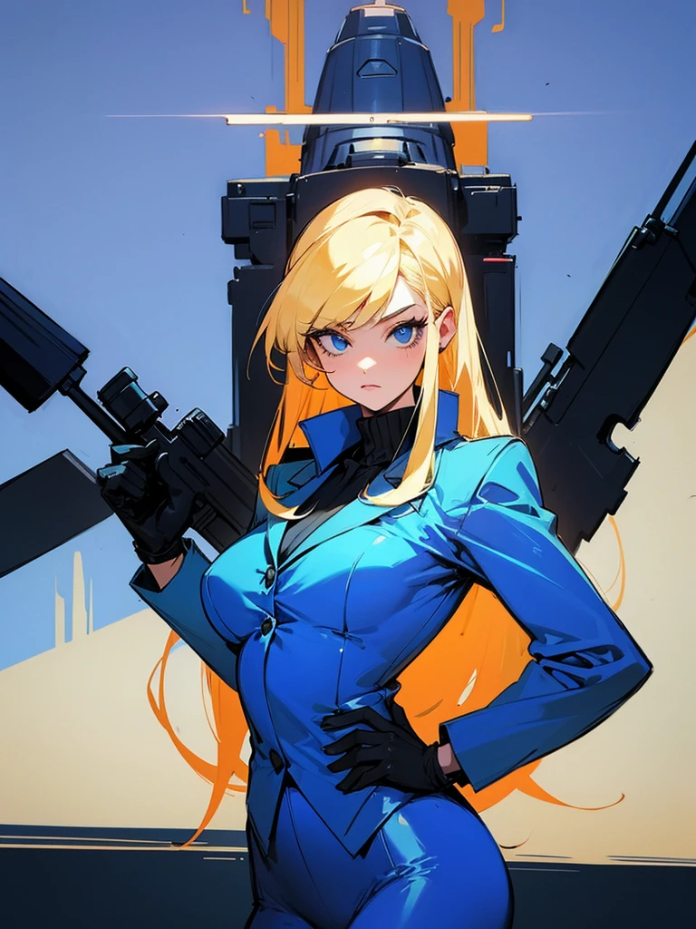 Blonde girl in a blue suit with a big gun
