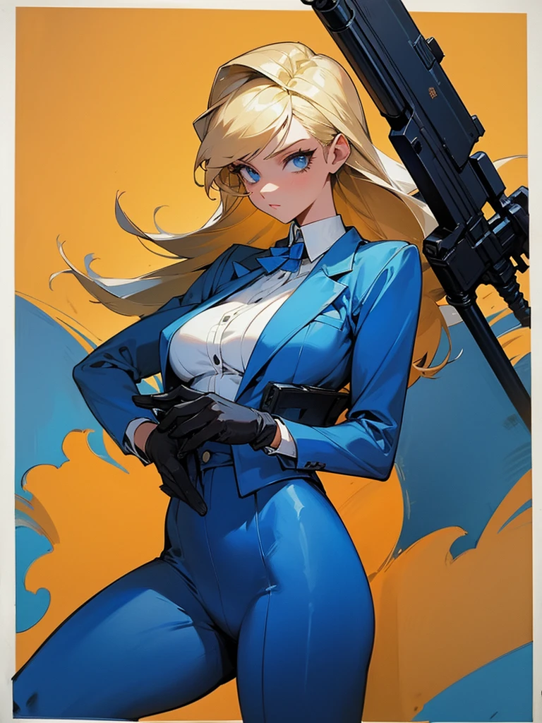 Blonde girl in a blue suit with a big gun 80s aesthetic