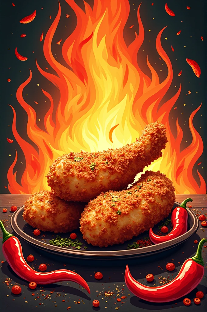 Create an A4 size poster of chicken geprek with additional chili fire ornaments and chicken geprek