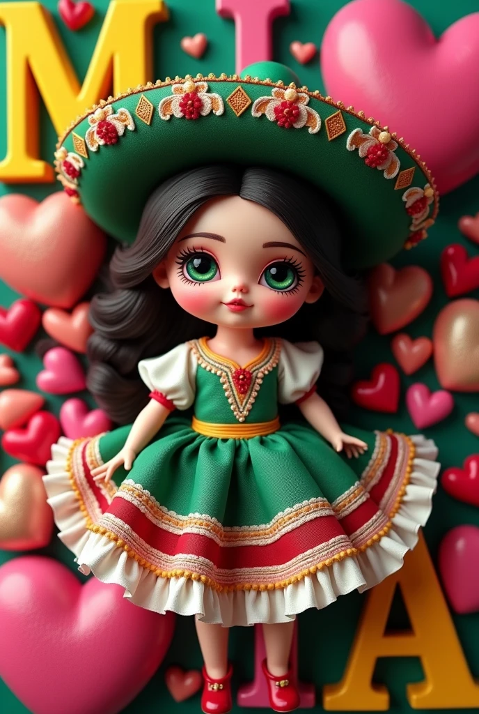 Doll with charro dress with the colors green, white and red sitting on the letters MIA must wear pink and yellow with black shadow and colored hearts around it 