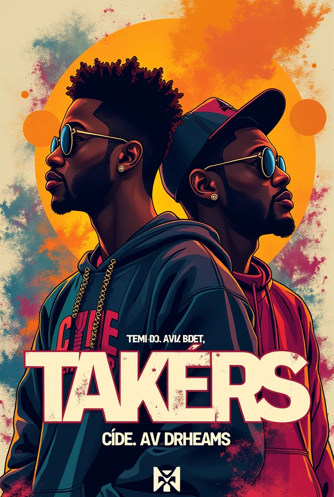 Please make me a music cover for my song titled "takers" it's a hip hop, rap , and afro beat, my name is CØDE and I'm featuring another artist DRHEAMS