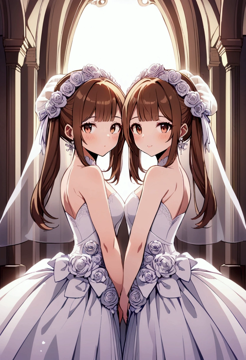brown hair, brown eyes, pigtails, bangs, wedding dress