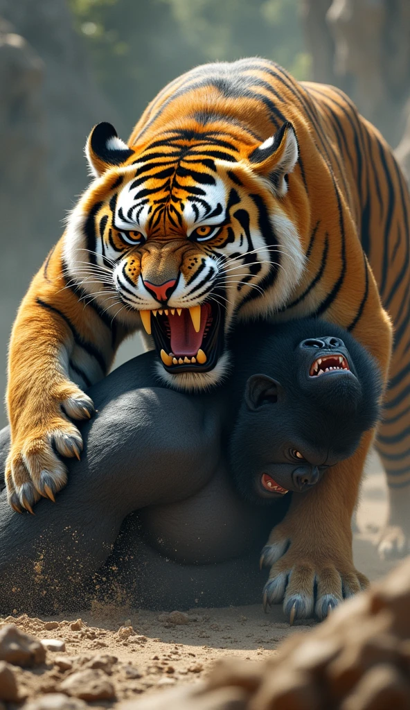"A hyperrealistic image depicting a fierce battle between a saber-toothed tiger and a gorilla. The saber-toothed tiger is shown emerging victorious, with its powerful jaws and sharp teeth visible as it dominates the gorilla. The tiger has a muscular build, and its long, curved fangs are prominent. The gorilla is shown in a defeated position, lying on the ground, with its fur and muscles detailed. The background is rugged and wild, adding to the intensity of the scene".gorilla
lying on the ground.hyper realistic