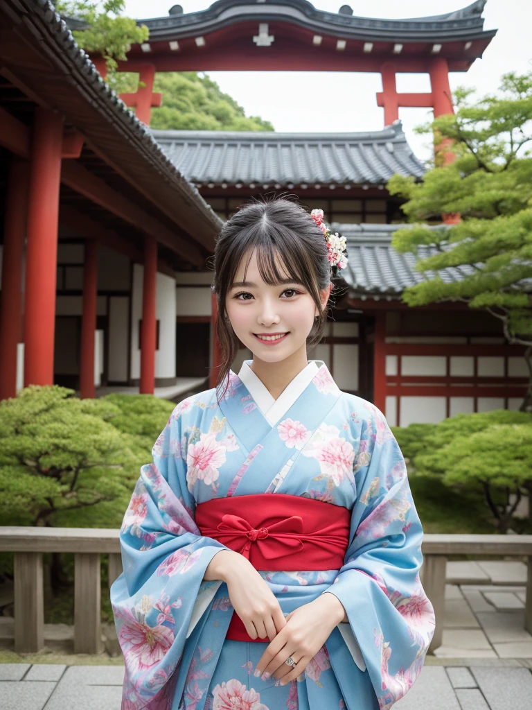 1girl, , cute and beautiful, solo, highres, best_quality, masterpiece, detailed_background, intricate_details, beautiful, kyoto, kodaiji_temple, garden, traditional_clothes, kimono, smile, looking_at_viewer, dynamic_pose, natural_pose, candid, happy