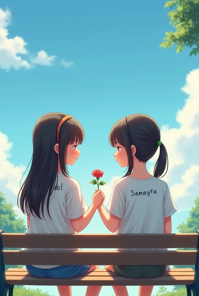 Creat a realistic image of two girls sitting on a bench holding a rose in hands and the background is sky and wearing white top on one top it's written samayra and another once it's written carol