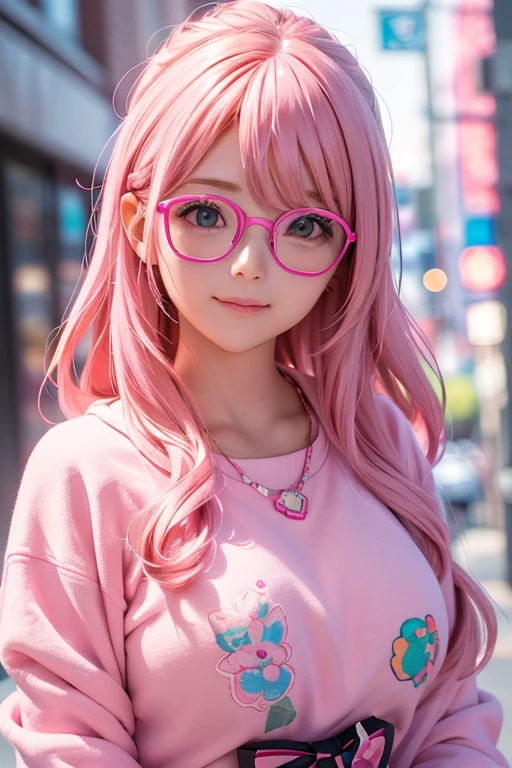 Close-up of a woman with pink hair wearing glasses, artwork in Guves style, Guves, kawaii realistic portrait, inspired by Seihiko-kun, glowing pink face, pink girl, beautiful anime portrait, pink glasses, glowing pink eyes, realistic anime 3d style, Yanjunchen, realistic anime style, ((pink)8 K