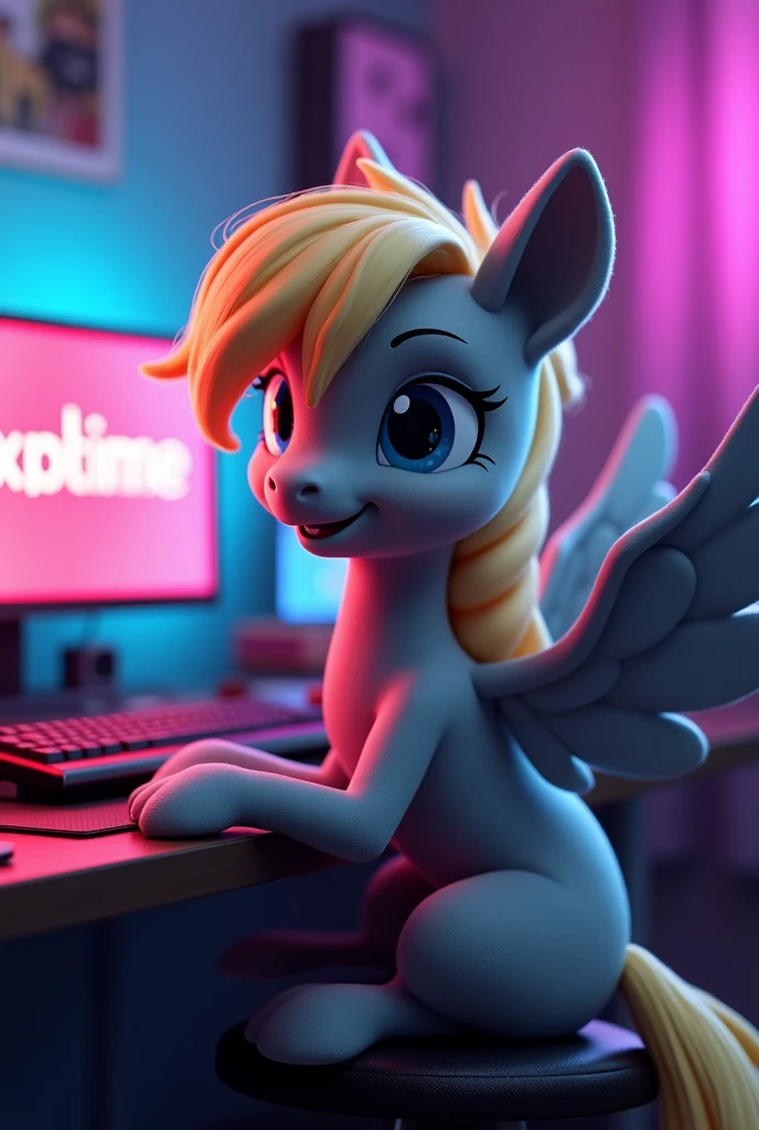 I want a picture of Derpy Hooves her skin color is gray, and her hair is golden, golden eyes and grey wings, I want it to be on a gamer PC looking at the camera and the monitor, this is a YouTube channel that says "doge the experimenter" RGB lights and Derpy is happy