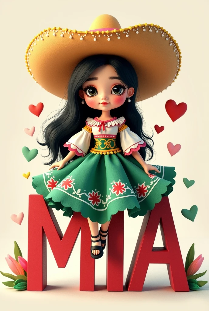 Doll with charro dress with the colors green, white and red sitting on the letters MIA must wear pink and yellow with black shadow and colored hearts around it