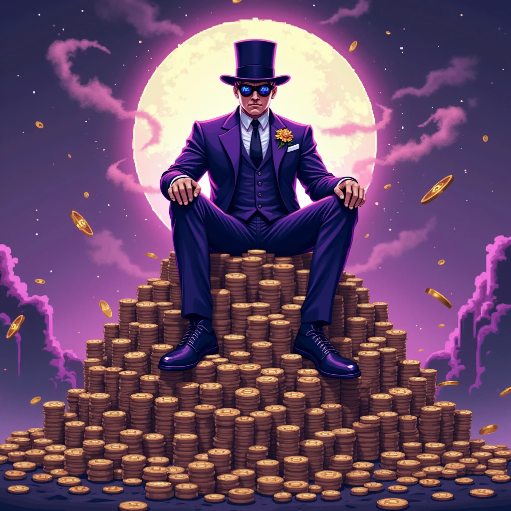 A pixel art image of a gangster character sitting on a pile of coins, wearing a purple suit and a tall top hat with goggles, similar to the one in the image. The scene is set against a moonlit background with money flying in the air. (high resolution, pixel art, purple tones, retro, top hat, gangster theme)