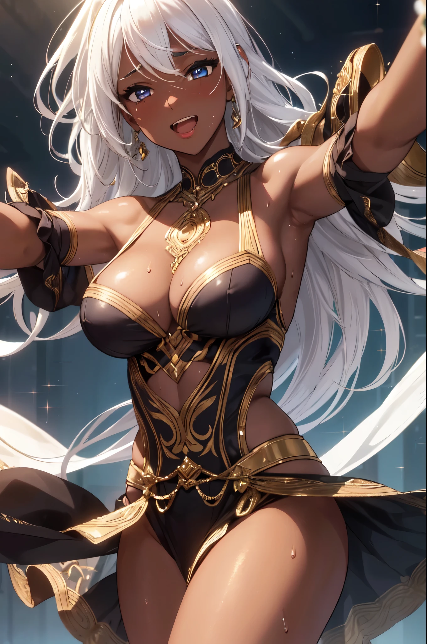 (High quality, High resolution, Fine details), a dark-skinned dancer, intricate dance moves, dynamic motion, elegant costume, flowing fabrics, solo, curvy adult women, white hair, sparkling eyes, (Detailed eyes:1.2), big smile, open mouth, blush, Sweat, Oily skin, dramatic lighting, moody atmosphere, rich colors, shallow depth of field