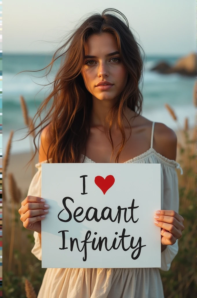 Beautiful girl with wavy long hair, bohemian dress, holding a white board with text "I Love Seaart Infinity" and showing it to the viewer