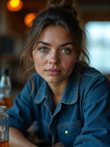 Rugged scruffy weathered 23 years old woman sailor, a portrait of a seawoman with a rugged blue uniform, ships captain, capturing a slightly befuddled expression, she is sitting at the table next to her there is a bottle of whiskey, focus is on his facial expressions and the subtle details like the glint in his eyes, cozy, moody cinematic atmosphere, soft cinematic light, RAW photo, dreamy soft focus, detailed photo, gorgeous, shallow depth of field, bokeh, volumetric lighting, iridescent skin, (surreal:0.4), hyper detailed photorealistic life-like accurate proportional 8k sharp focus, (accurate cinematic lighting), photorealistic detail