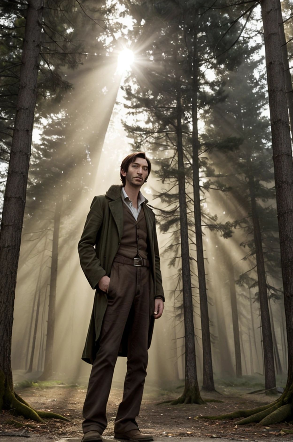 Design a T-shirt featuring Remus Lupin in his human form, standing alone in a forest clearing under the light of a crescent moon. His expression should be calm yet resolute, with a hint of sadness in his eyes, capturing the weight of his secret. Surround him with dense, shadowy trees, their branches forming a protective arch above him. Soft, warm light should filter through the trees, creating a serene yet mysterious atmosphere. Use muted, earthy tones—browns, greens, and grays—to emphasize his connection to nature and the isolation he feels. Subtle details, like claw marks on a nearby tree or a faint glow from his wand in his hand, should hint at his werewolf identity without overtly showing it. The overall design should convey Lupin’s quiet strength and the inner turmoil he carries.