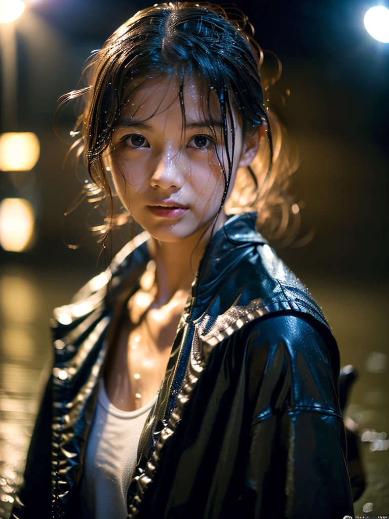 Wet roads ,drenched, Dripping, Wet Face,Wet clothes, Wet Skin, Wet Hair,A young woman with a cute face like a Japanese idol,chest,((Cinema Lighting),(Natural light),(High level of artistry),(artistic),(Indistinguishable quality from the real thing),RAW Photos,Genuine,Genuine,High resolution,RAW Photos,masterpiece, beautiful