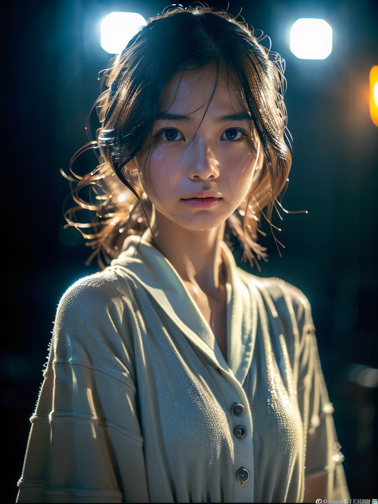 Wet roads ,drenched, Dripping, Wet Face,Wet clothes, Wet Skin, Wet Hair,A young woman with a cute face like a Japanese idol,chest,((Cinema Lighting),(Natural light),(High level of artistry),(artistic),(Indistinguishable quality from the real thing),RAW Photos,Genuine,Genuine,High resolution,RAW Photos,masterpiece, beautiful