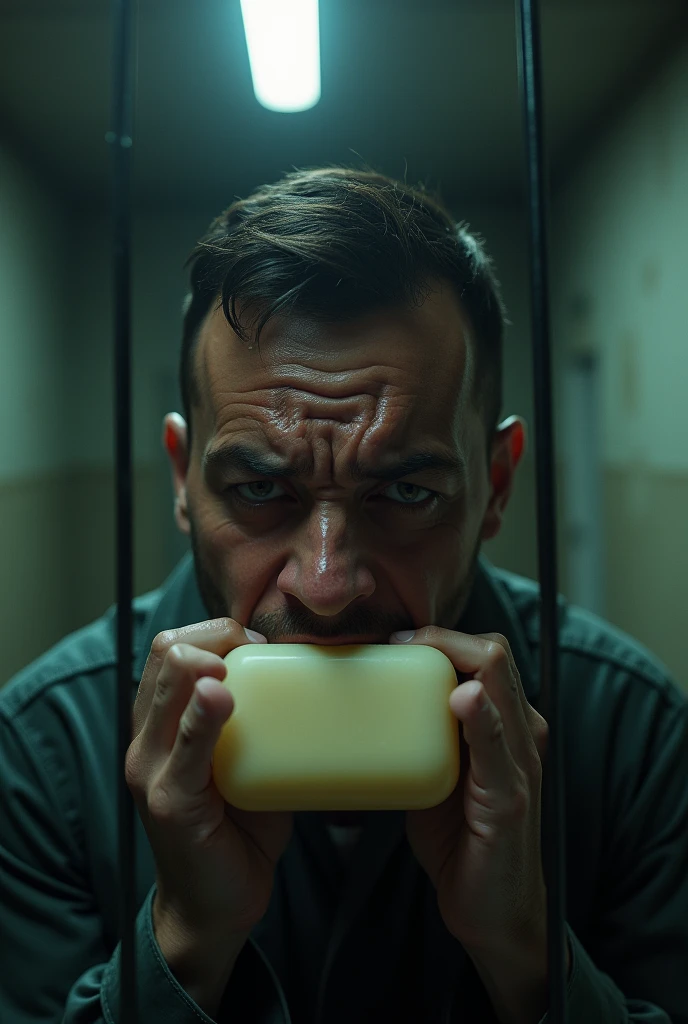 a man with a soap bar in his mouth, crying face expression, in a prison setting, highly detailed, cinematic lighting, dramatic composition, photorealistic, 8k, award winning photography, moody color palette, chiaroscuro lighting