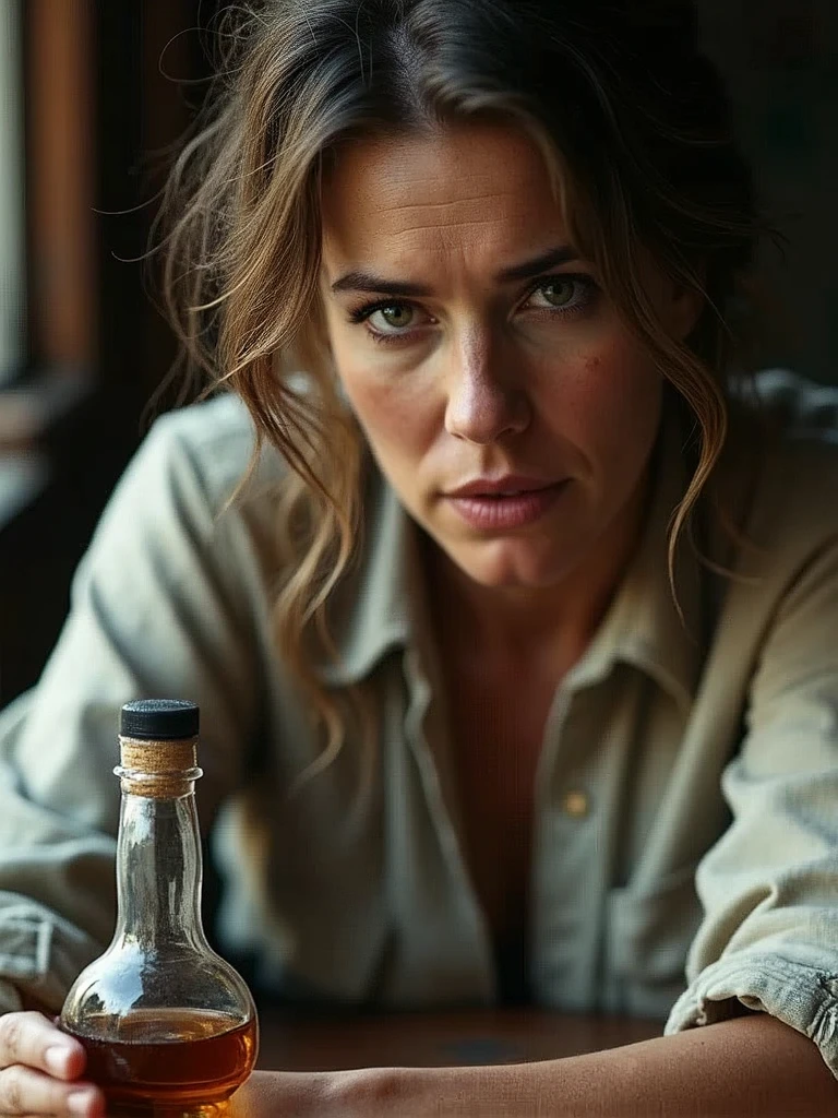 Rugged scruffy weathered woman sailor, a portrait of a seawoman with a rugged, ships captain, capturing a slightly befuddled expression, she is sitting at the table next to her there is a bottle of whiskey, focus is on his facial expressions and the subtle details like the glint in his eyes, cozy, moody cinematic atmosphere, soft cinematic light, RAW photo, dreamy soft focus, detailed photo, gorgeous, shallow depth of field, bokeh, volumetric lighting, iridescent skin, (surreal:0.4), hyper detailed photorealistic life-like accurate proportional 8k sharp focus, (accurate cinematic lighting), photorealistic detail