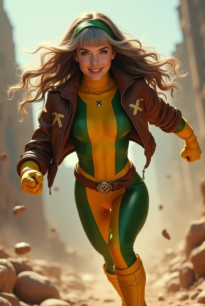 Rogue, X-Men, age 20-30, young, beautiful, smiling, white girl, long brown hair, silver bangs, green headband, flying, muscle flex, full body, full-clothed, brown cropped jacket, x symbol on left chest, belt with x logo, green spandex shirt with yellow chest, yellow spandex pants with green on the sides, yellow high boots, sunny background, battle damage, yellow gloves,
