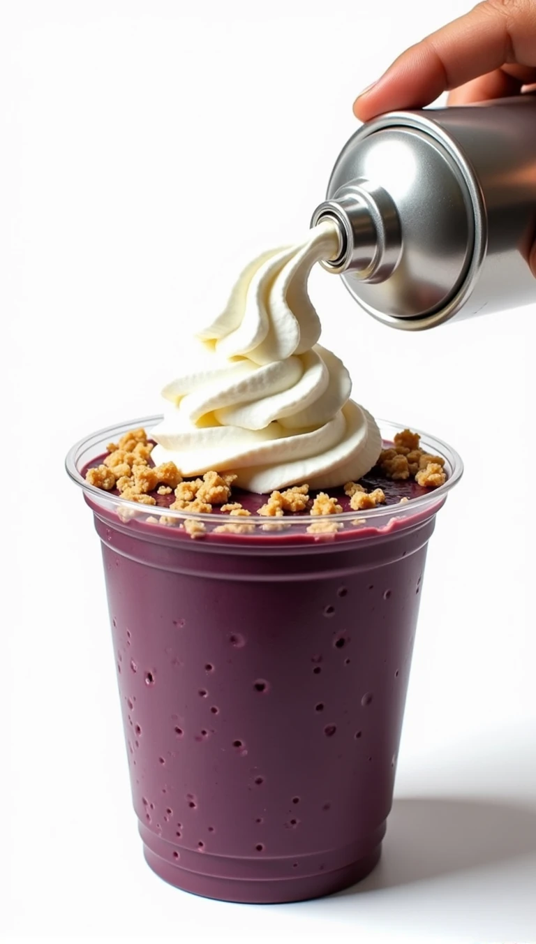 (work of art:1.2, highest quallity,highest quallity,very detailledな:1.2),(very detailled),8k,(best illustrations), plastic cup with dark purple acai with sliced banana and strawberry on top.