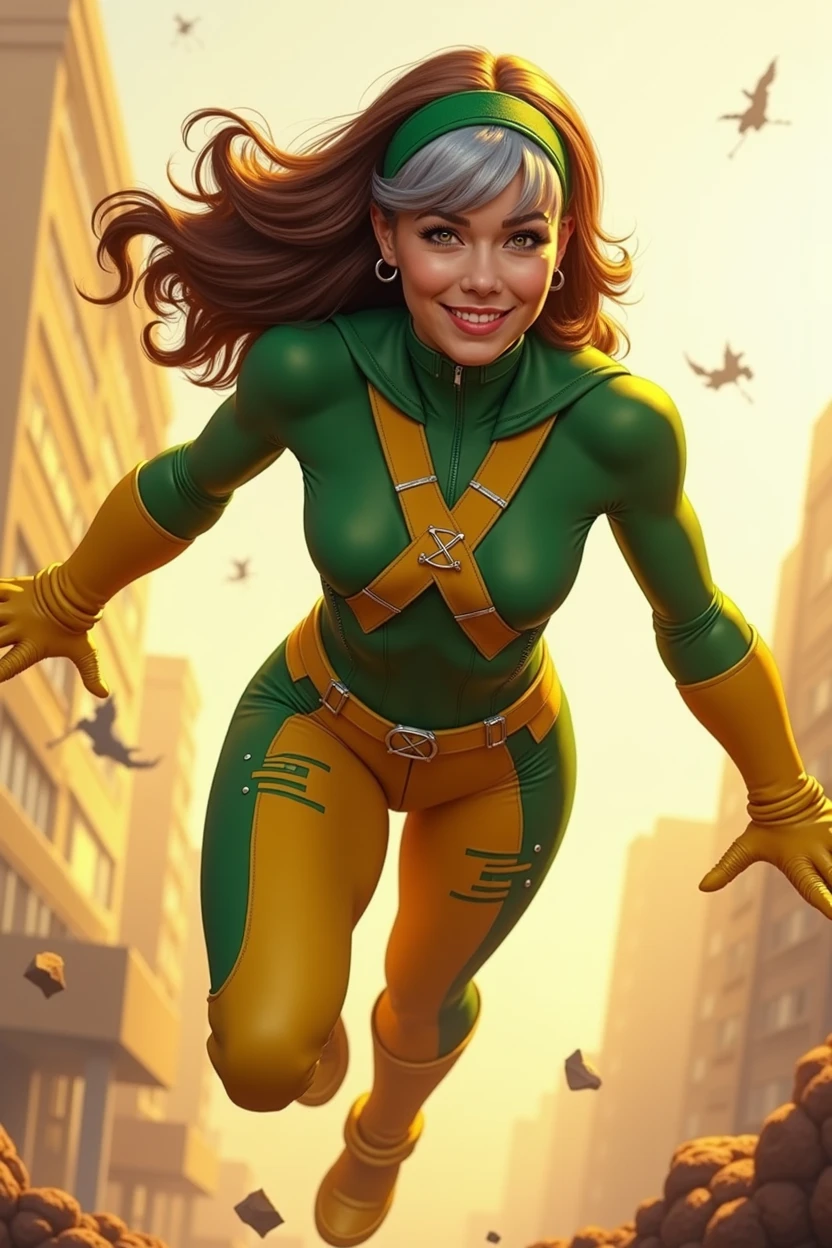 Rogue, X-Men, age 20-30, young, beautiful, smiling, white girl, long brown hair, silver bangs, green headband, flying, muscle flex, full body, full-clothed, brown cropped jacket, x symbol on left chest, belt with x logo, green spandex shirt with yellow chest, yellow spandex pants with green on the sides, yellow high boots, sunny background, battle damage, yellow gloves,