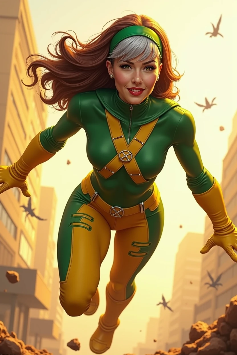 Rogue, X-Men, age 20-30, young, beautiful, smiling, white girl, long brown hair, silver bangs, green headband, flying, muscle flex, full body, full-clothed, brown cropped jacket, x symbol on left chest, belt with x logo, green spandex shirt with yellow chest, yellow spandex pants with green on the sides, yellow high boots, sunny background, battle damage, yellow gloves,