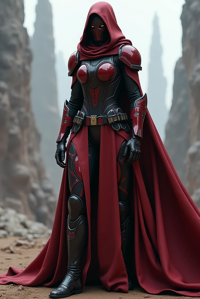 (photorealism:1.2), female sith, full body sci-fi armor, leather robe, hood, face mask, red and black coloring, 