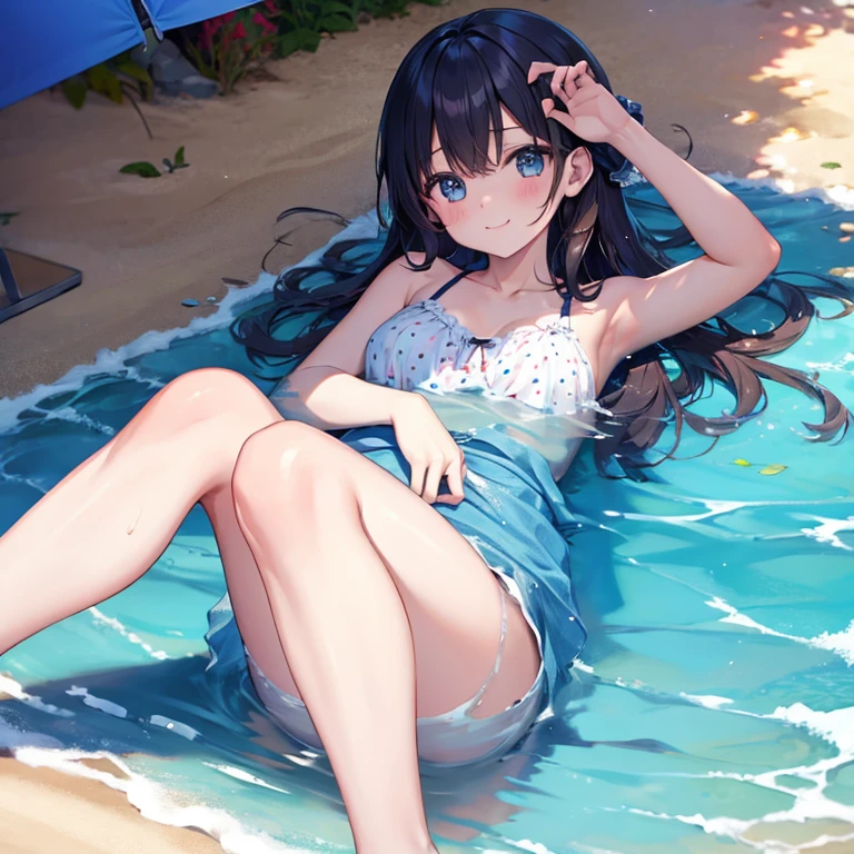One Girl、Lying on the beach、smile、Polka dot kora、Looks like she's not wearing any clothes、